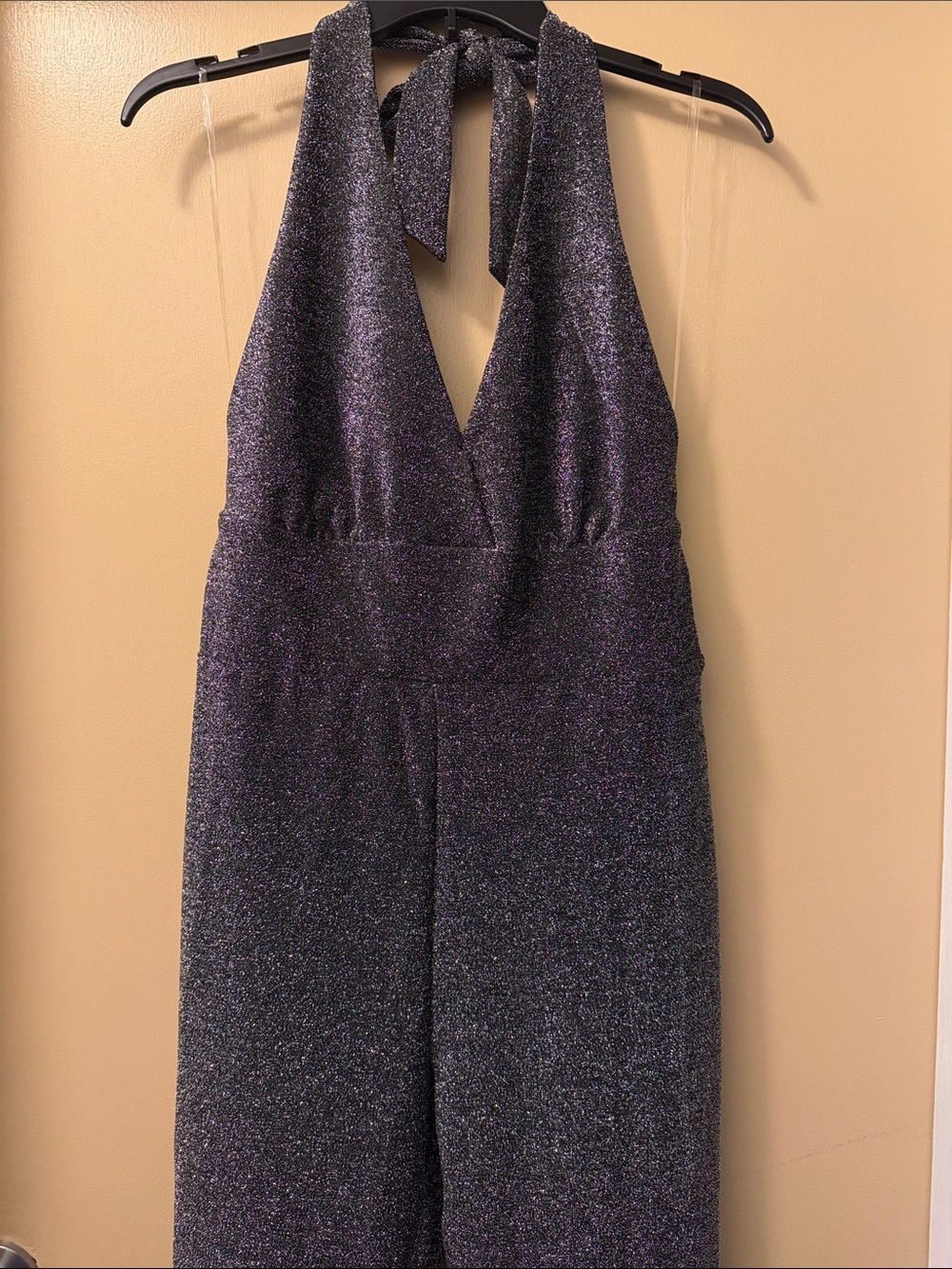Sparkle Halter V-Neck Camisole Jumpsuit - Black With Silver Sparkles